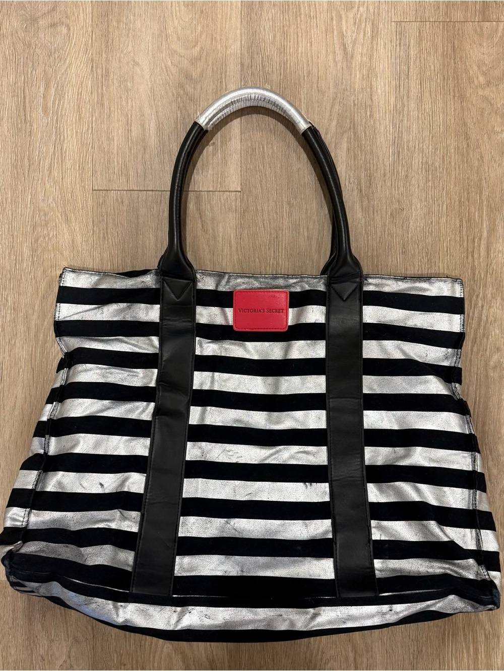 Victoria's Secret Black & Silver Striped Tote with Pink Logo Patch